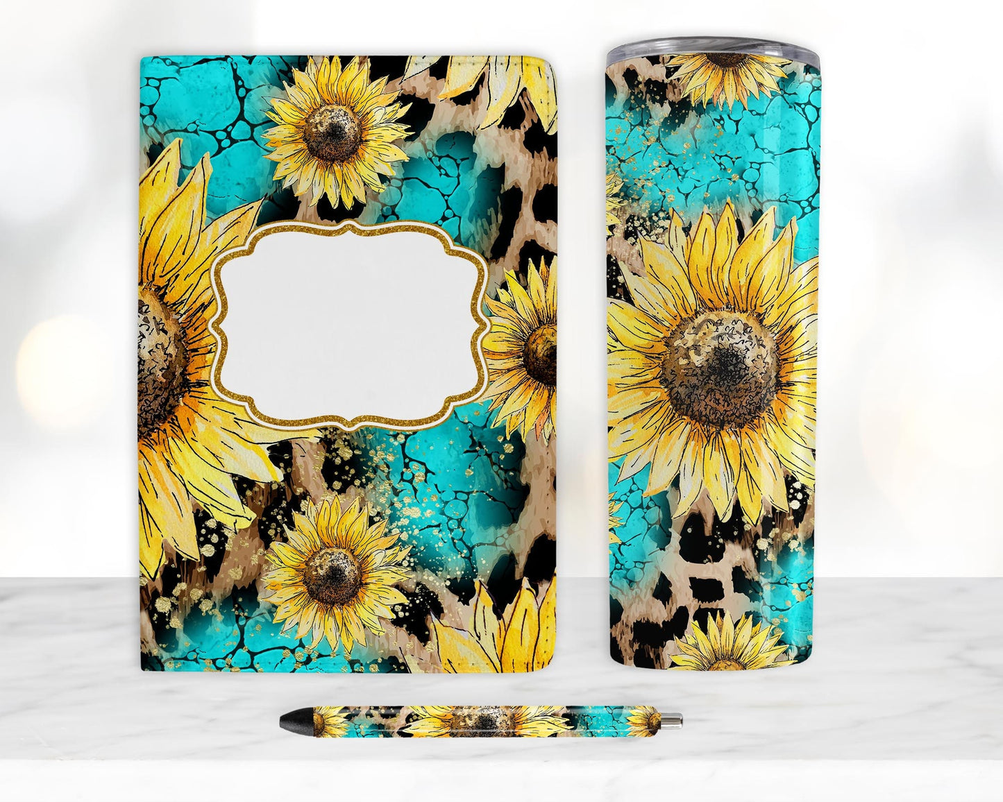 Turquoise Leopard Sunflower Sublimation Bundle, Journal Template, 20oz Tumbler Design, Pen Wrap Water Slide Epoxy Waterslide Pen Wrap PNG