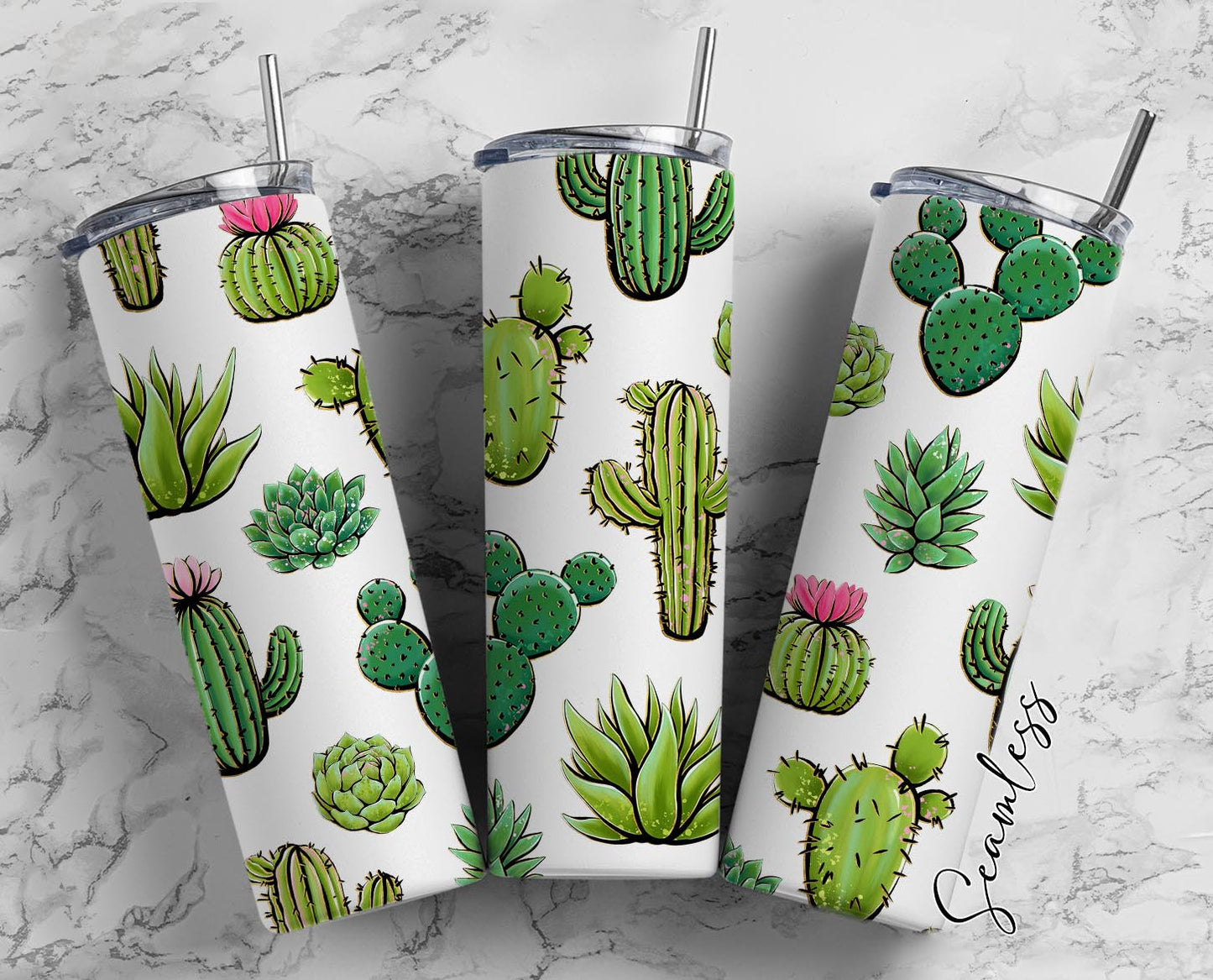 Cactus On White Background, Cactuses Pattern, Cactus 20oz Tumbler Wrap, Seamless Skinny Tumbler, Sublimation Design PNG - 2040