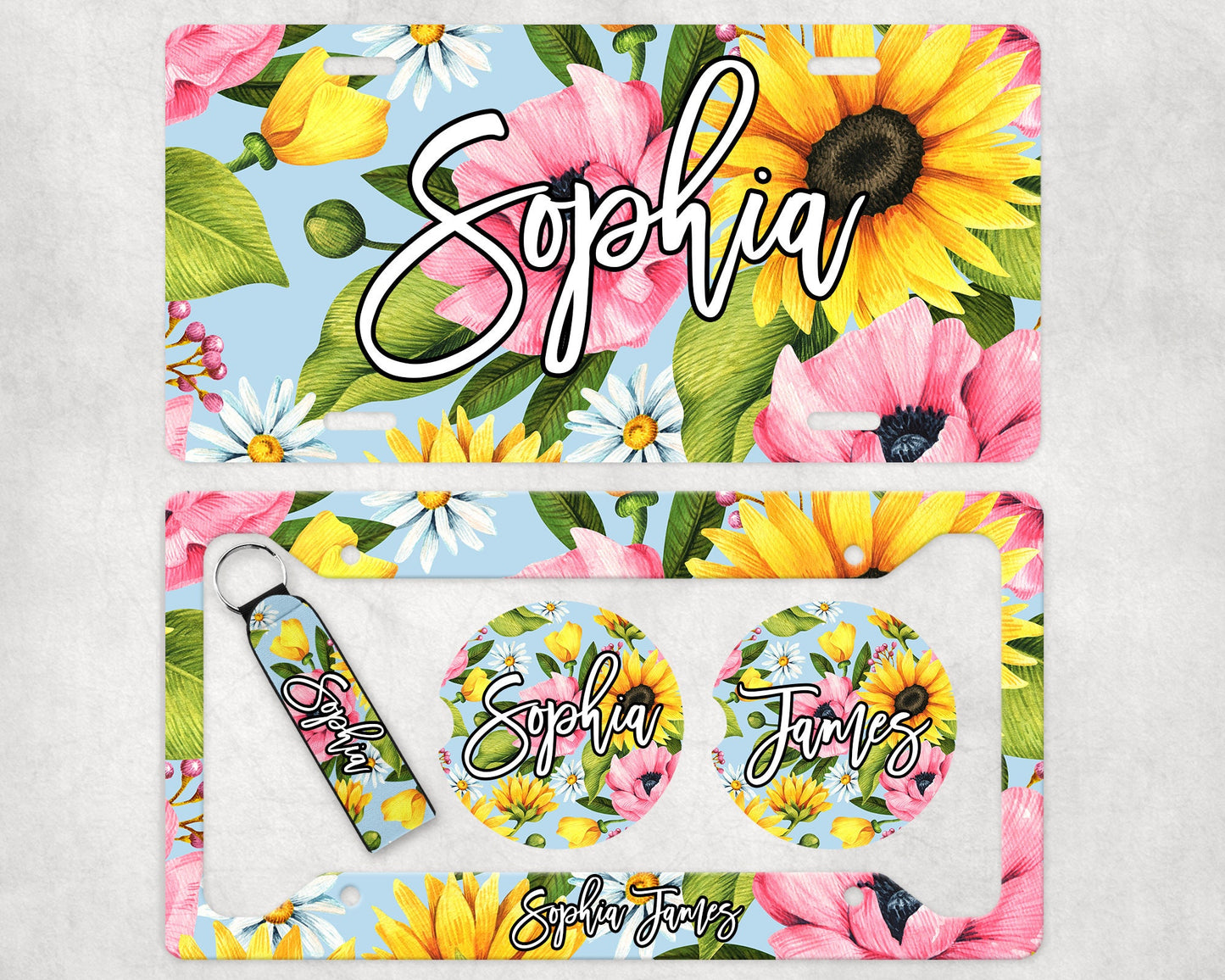 Floral Add Your Name Car Sublimation Designs, Car Coaster Bundle PNG, Licence Plate Holder Frames, Key Fob Wristlet Keychain Sunflower Daisy