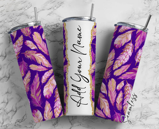 Purple Feathers Seamless Add Your Own Name, 20oz Sublimation Tumbler Designs, Skinny Tumbler Wraps Template - 289