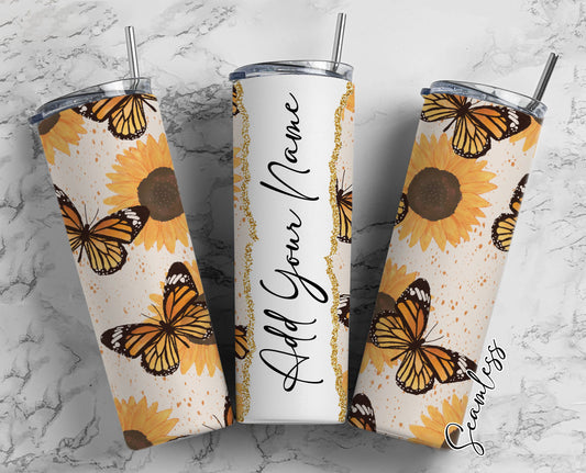 Butterfly And Sunflowers Add Your Own Name, 20oz Sublimation Tumbler Designs, Skinny Tumbler Wraps Template - 76 PATTERN