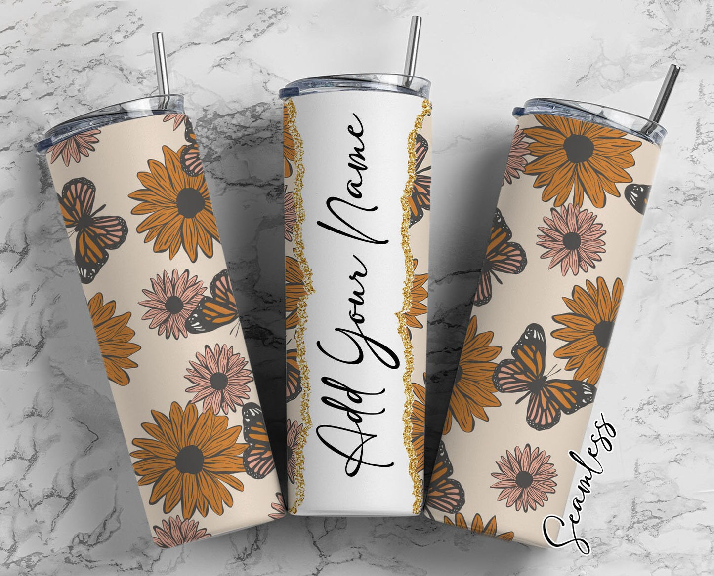 Vintage Sunflower And Butterflies Add Your Own Name, 20oz Sublimation Tumbler Designs, Skinny Tumbler Wraps Template - 71 PATTERN