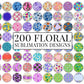 200+ Floral Car Coaster Bundle, Watercolor Flowers Design, Air Freshener, Keyring Round Sublimation Designs, Car Coaster Template PNG