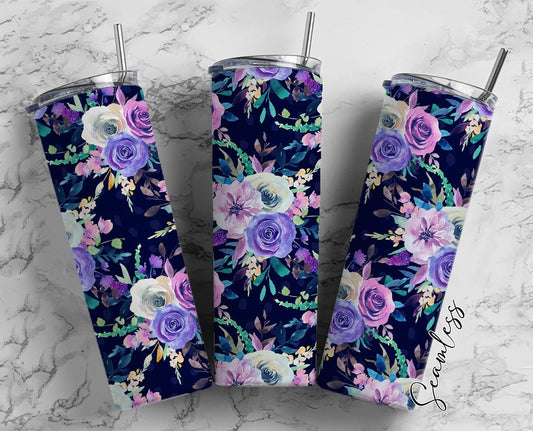 Flowers On Black Background, Purple Flowers, Floral Design 20oz Tumbler Wrap, Seamless Skinny Tumbler, Sublimation Design PNG - 2046