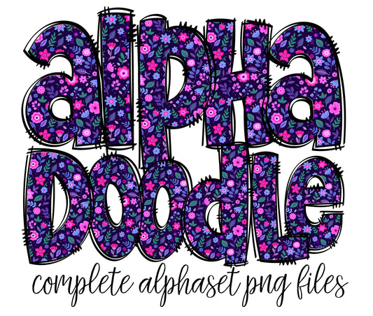 Purple Floral Doodle Alphabet Letters PNG Bundle, Flowers Hand Drawn Alphabet Doodle, Sublimation Alpha Set Designs PNG