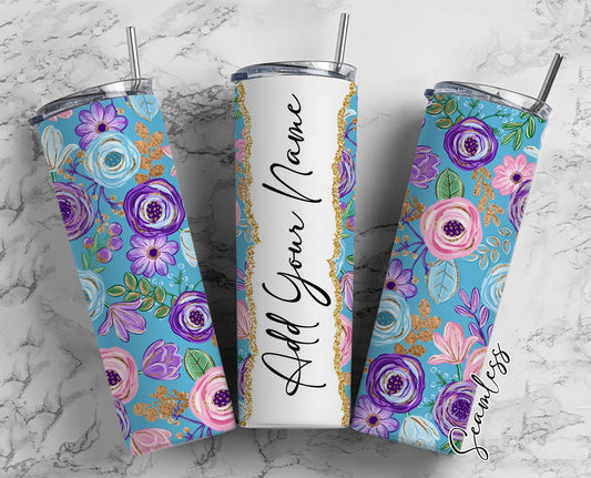 Purple Floral Pattern, Floral Design, Flowers Add Your Own Name, 20oz Sublimation Tumbler Designs, Skinny Tumbler Wraps Template - 158