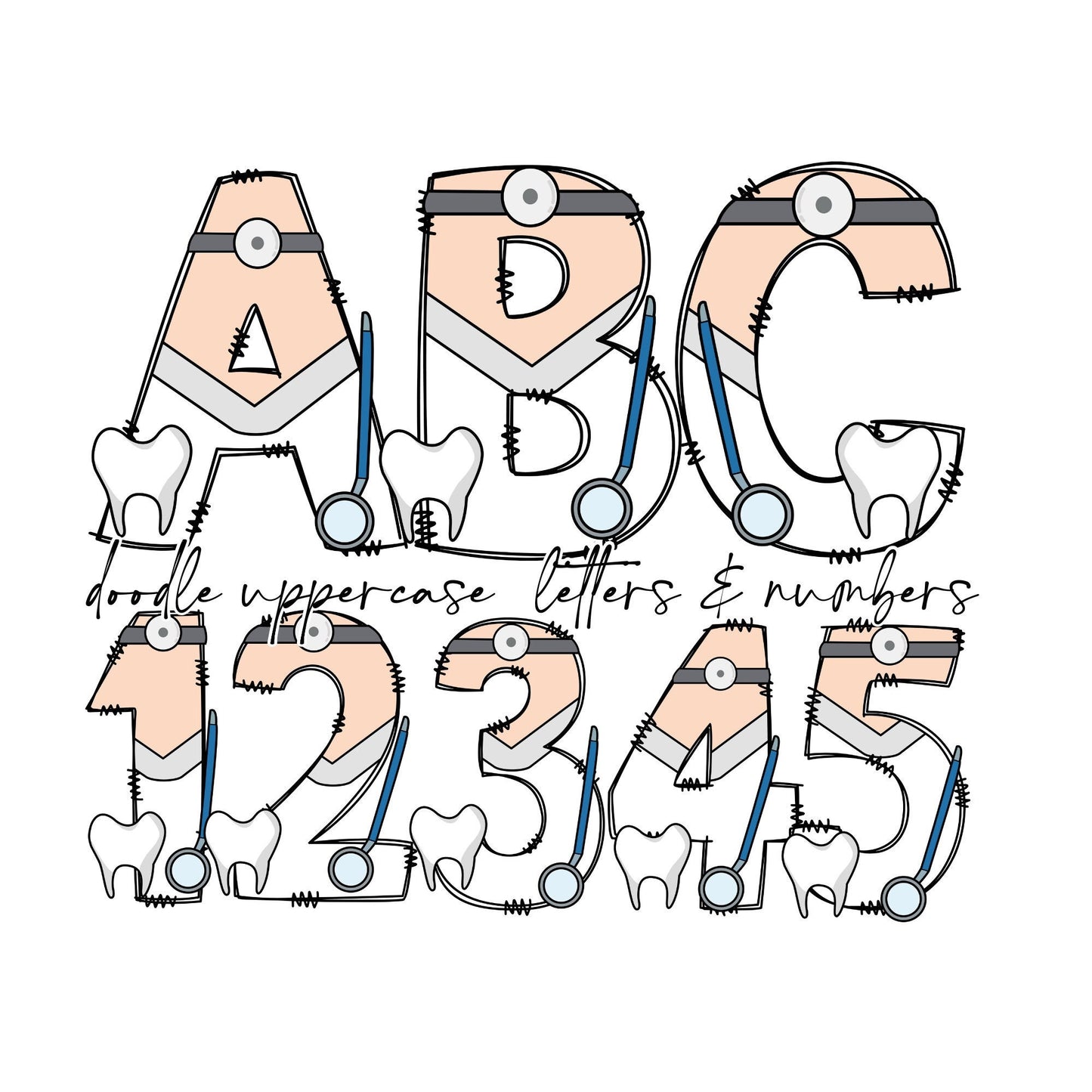 Dentist Doodle Alphabet Letters PNG Bundle, Dental Assistants Hygienist Letters, Hand Drawn Doodle, Sublimation Alpha Set PNG Tooth Doctor