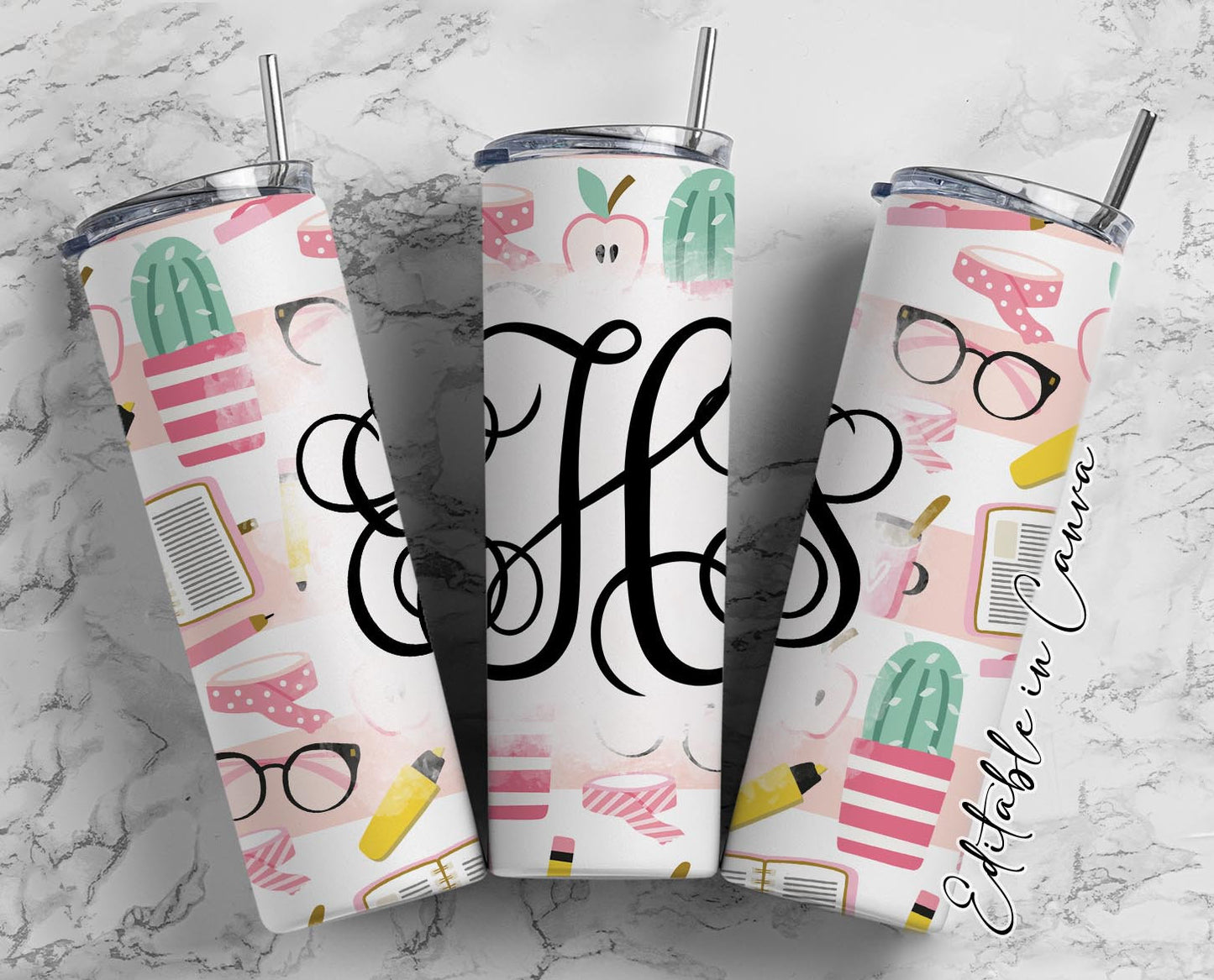 EDITABLE Teacher Monogram 20oz Straight Tumbler Wrap Designs, Make Your Own Custom Peronalized Design, School Easy Canva Tempalte