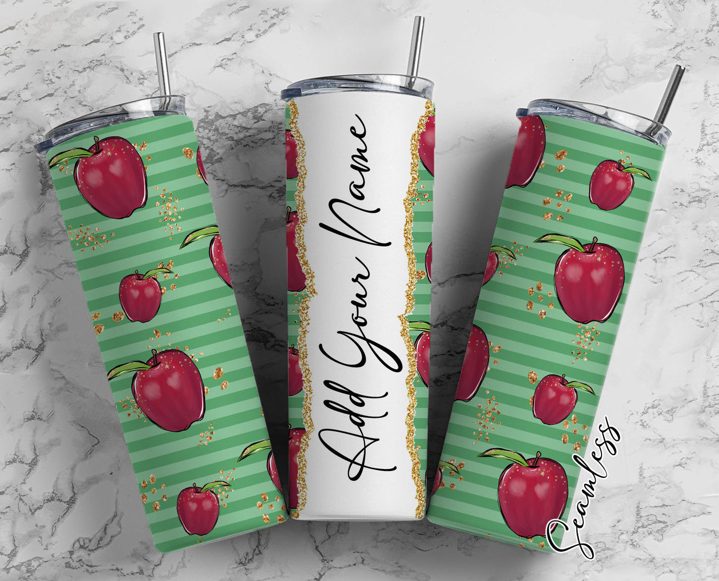 Apple Stripes Add Your Own Name, 20oz Sublimation Tumbler Designs, Skinny Tumbler Wraps Template - 401