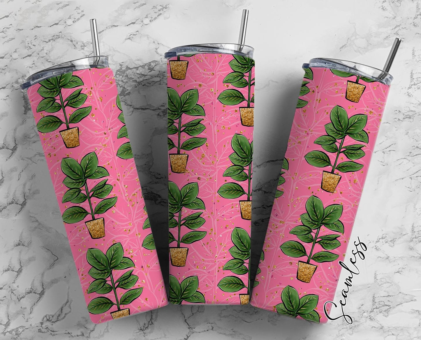 Plants On Pink Background, Plant Lovers Pattern, Plants On Pots 20oz Tumbler Wrap, Seamless Skinny Tumbler, Sublimation Design PNG - 1574