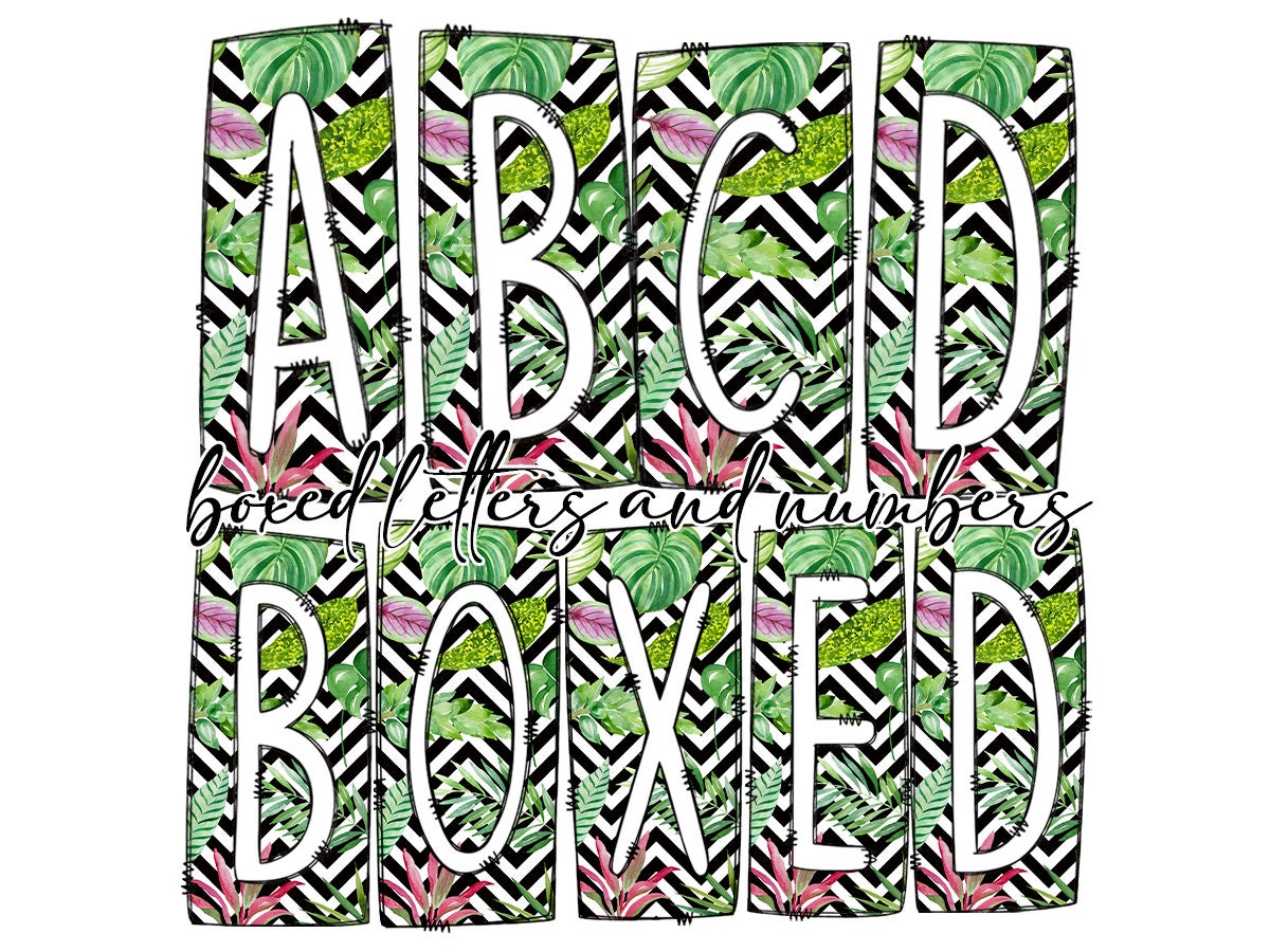 Chevron Monsterra Succulent Box Doodle Letters, Western Hand Drawn Doodle Alphabet Set, Sublimation Designs PNG - 2178