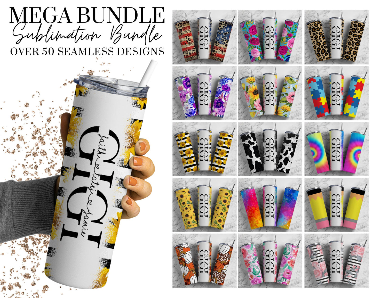 50+ GIGI Split Seamless Mega Bundle, 20oz Sublimation Tumbler Design Bundle, Skinny Straight Tumbler, Gigi Tumbler, Add Your Own Name PNG