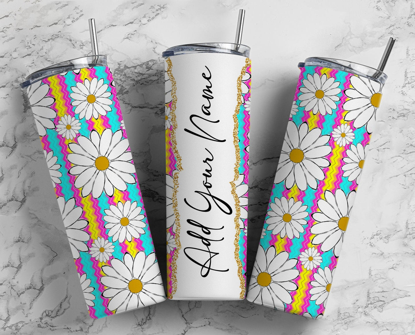 Striped Daisy Add Your Own Text Name Monogram Sublimation Tumbler Designs Floral - 20oz Skinny Tumbler Wraps Templates - PNG 92 PATTERN