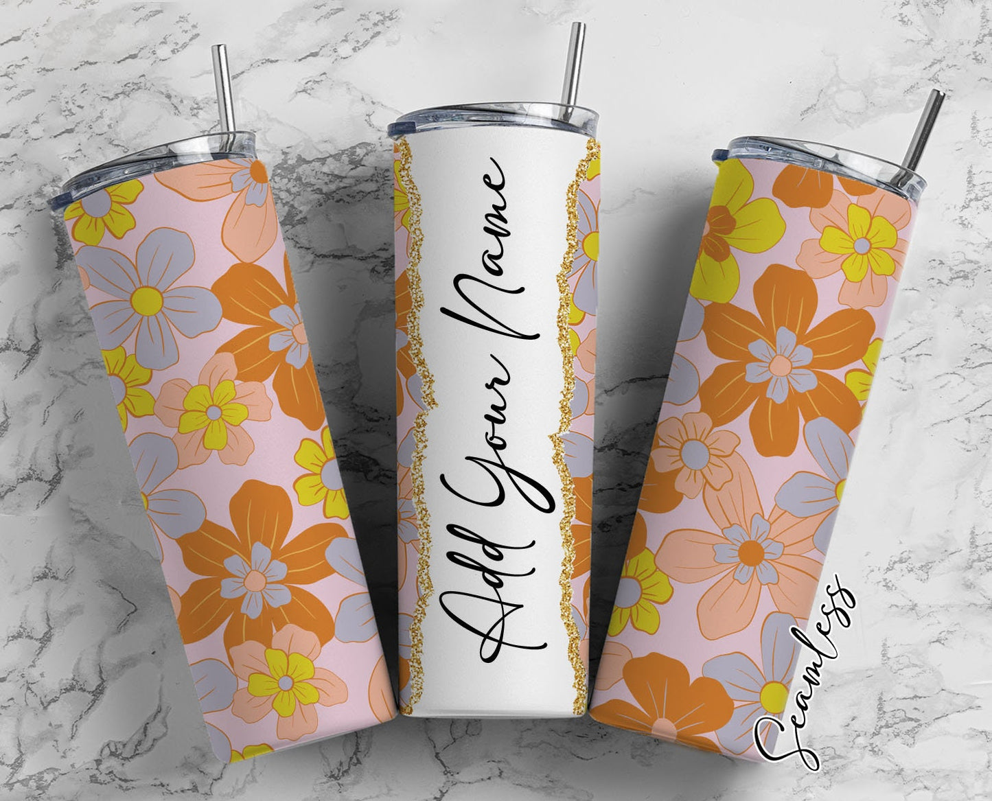 Vintage Flowers Seamless Add Your Own Name, 20oz Sublimation Tumbler Designs, Skinny Tumbler Wraps Template - 494 PATTERN