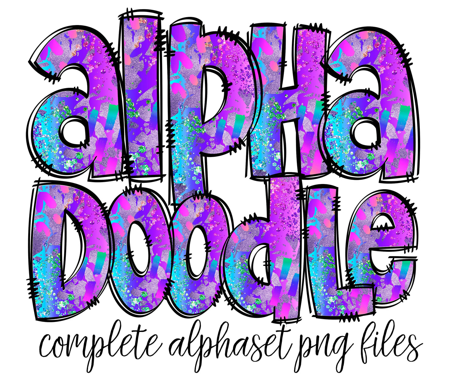 Neon Abstract Alphabet Letters PNG Bundle, Alcohol Ink, Hand Drawn Doodle, Sublimation Alpha Set Designs PNG