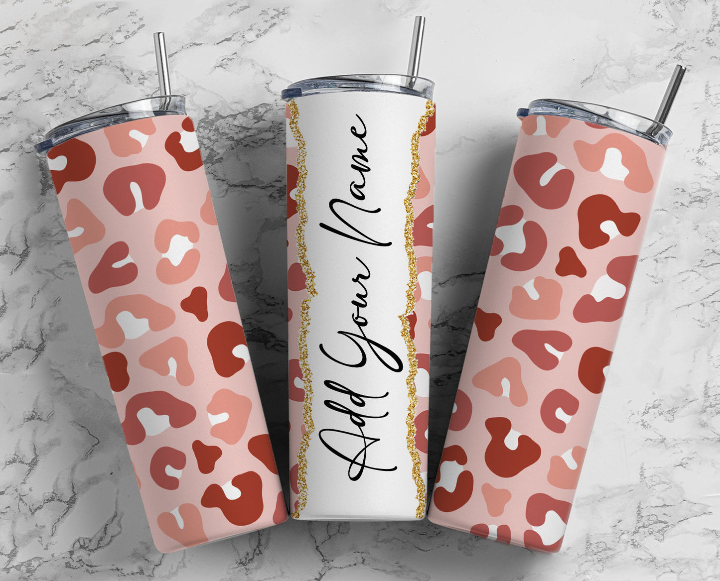 Pink Leopard Print Add Your Own Text Name Monogram Sublimation Tumbler Designs Floral - 20oz Skinny Tumbler Wraps Templates - PNG 74 PATTERN