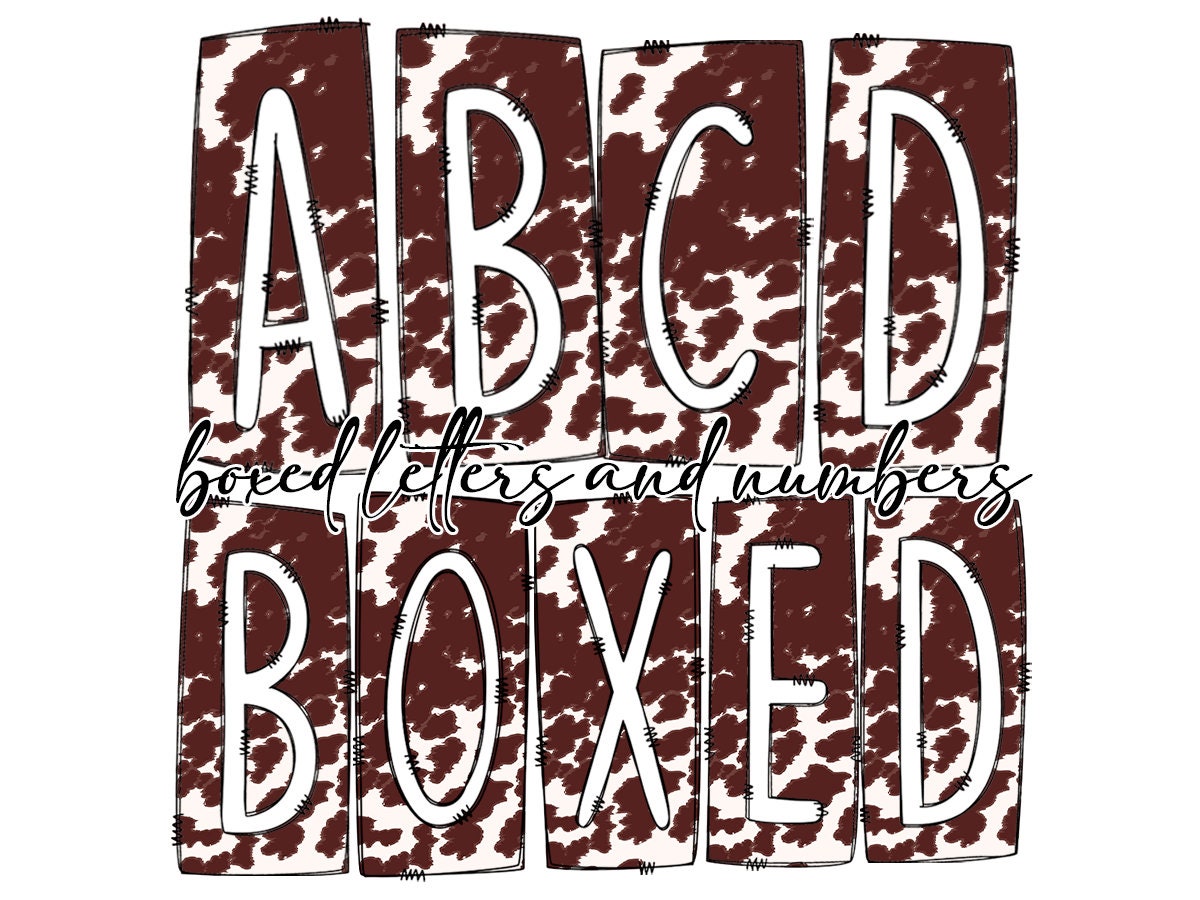 Brown Cowhide Cow Print Box Doodle Letters, Western Hand Drawn Doodle Alphabet Set, Sublimation Designs PNG - 4 PATTERN