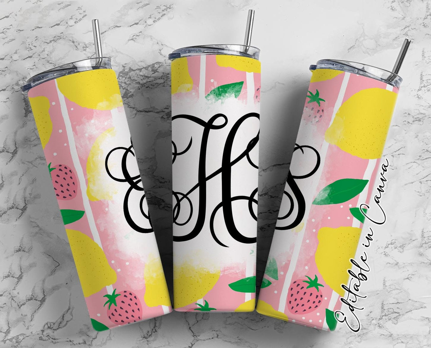 EDITABLE Lemon Monogram 20oz Straight Tumbler Wrap Designs, Make Your Own Custom Peronalized Design, Easy Canva Tempalte