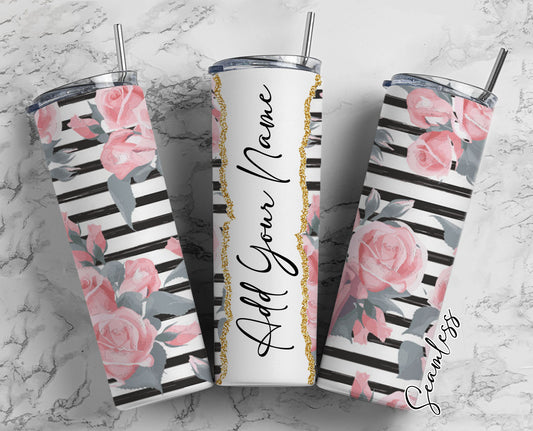 Watercolor Florals, Stripes Pattern, Flower Add Your Own Name, 20oz Sublimation Tumbler Designs, Skinny Tumbler Wraps Template - 157 PATTERN