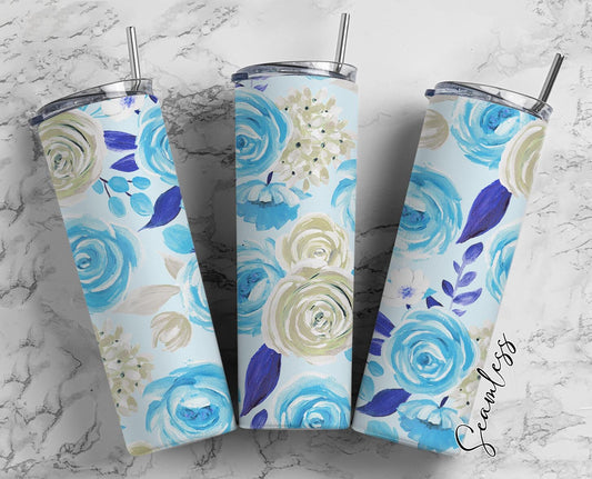 Blue And White Roses, Floral Background, Flower Pattern 20oz Tumbler Wrap, Seamless Skinny Tumbler, Sublimation Design PNG - 1753