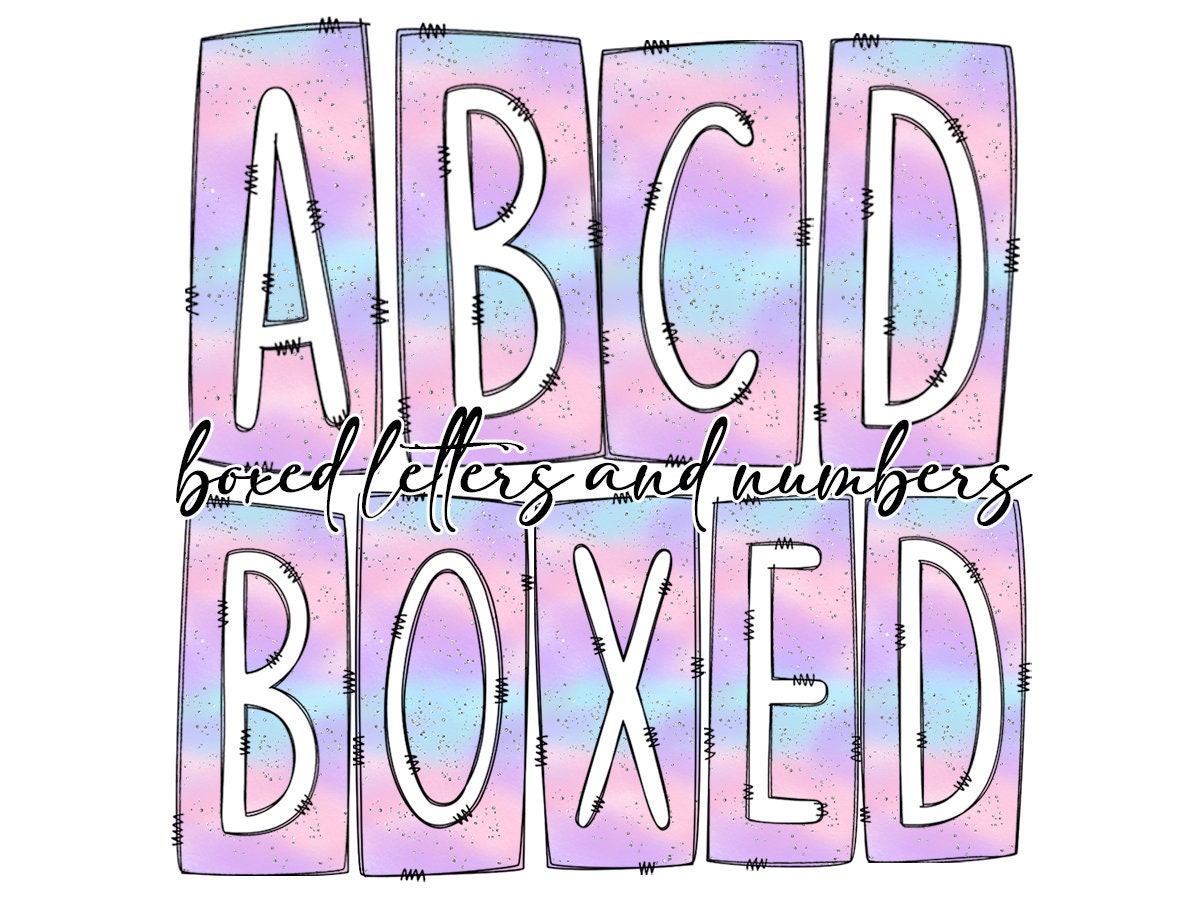 Ombre Paster Pink Blue Purple Box Doodle Letters, Western Hand Drawn Doodle Alphabet Set, Sublimation Designs PNG - 34