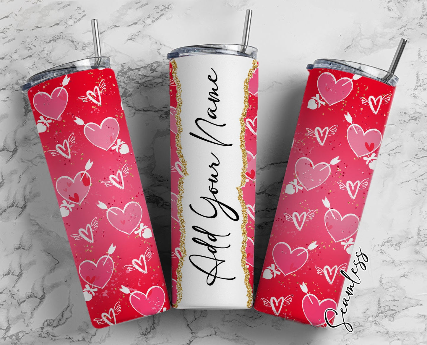 Arrowed Hearts, Heart Seamless, Valentine&#39;s Day Add Your Own Name, 20oz Sublimation Tumbler Designs, Skinny Tumbler Wraps Template - 1725