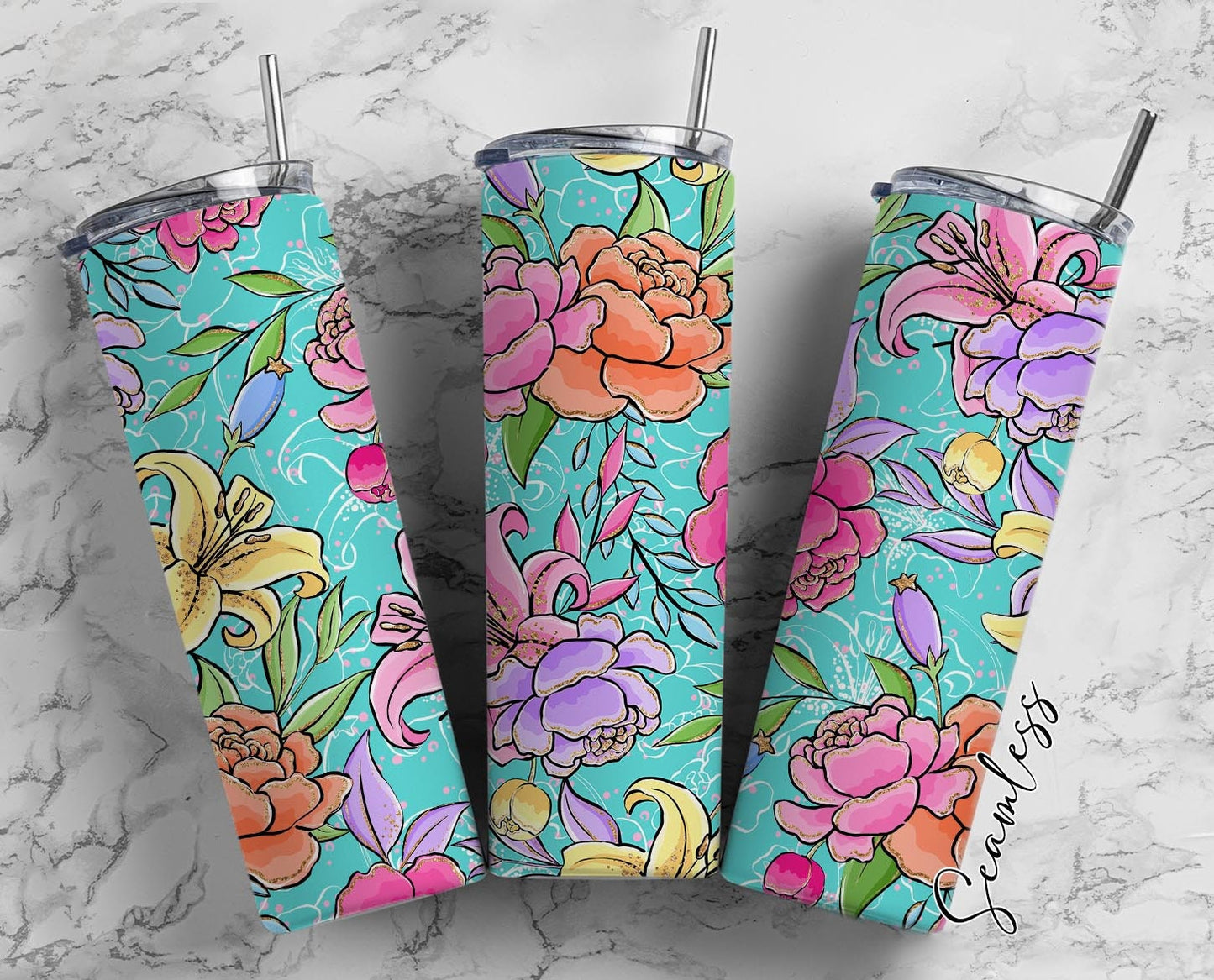 Botanical Flowers, Floral Design 20oz Tumbler Wrap, Seamless Skinny Tumbler, Sublimation Design PNG - 1307