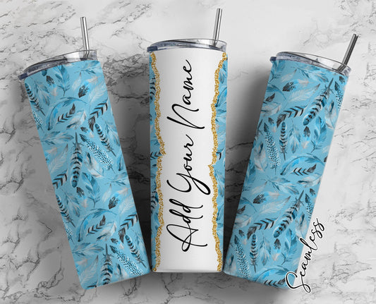 Blue Feather Design Add Your Own Name, 20oz Sublimation Tumbler Designs, Skinny Tumbler Wraps Template - 274