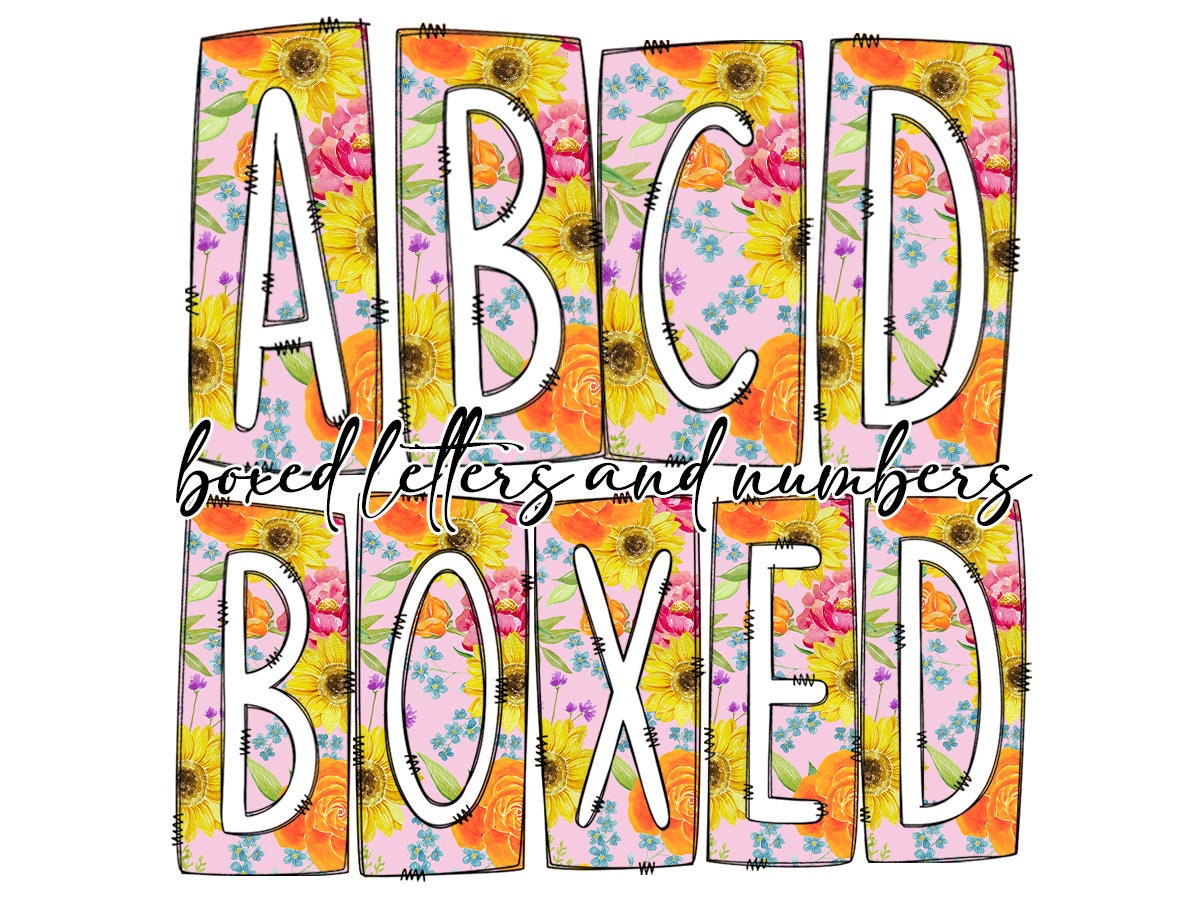 Spring Yellow Pink Flowers Box Doodle Letters, Western Hand Drawn Doodle Alphabet Set, Sublimation Designs PNG - 1071