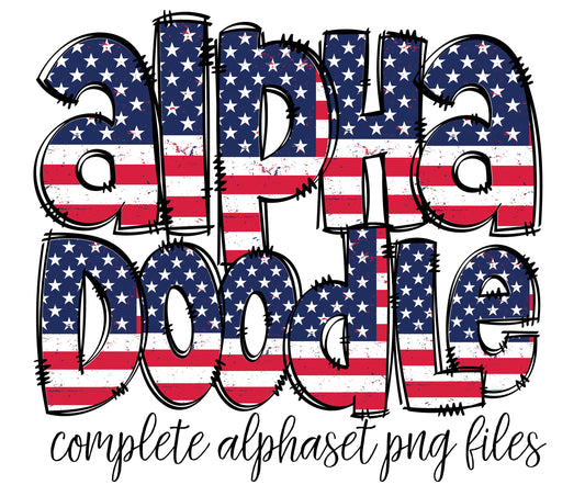 USA Alphabet Letters PNG Bundle, Patriotic American Flag Doodle Letters, Hand Drawn Alphabet Doodle, Sublimation Alpha Set Designs PNG