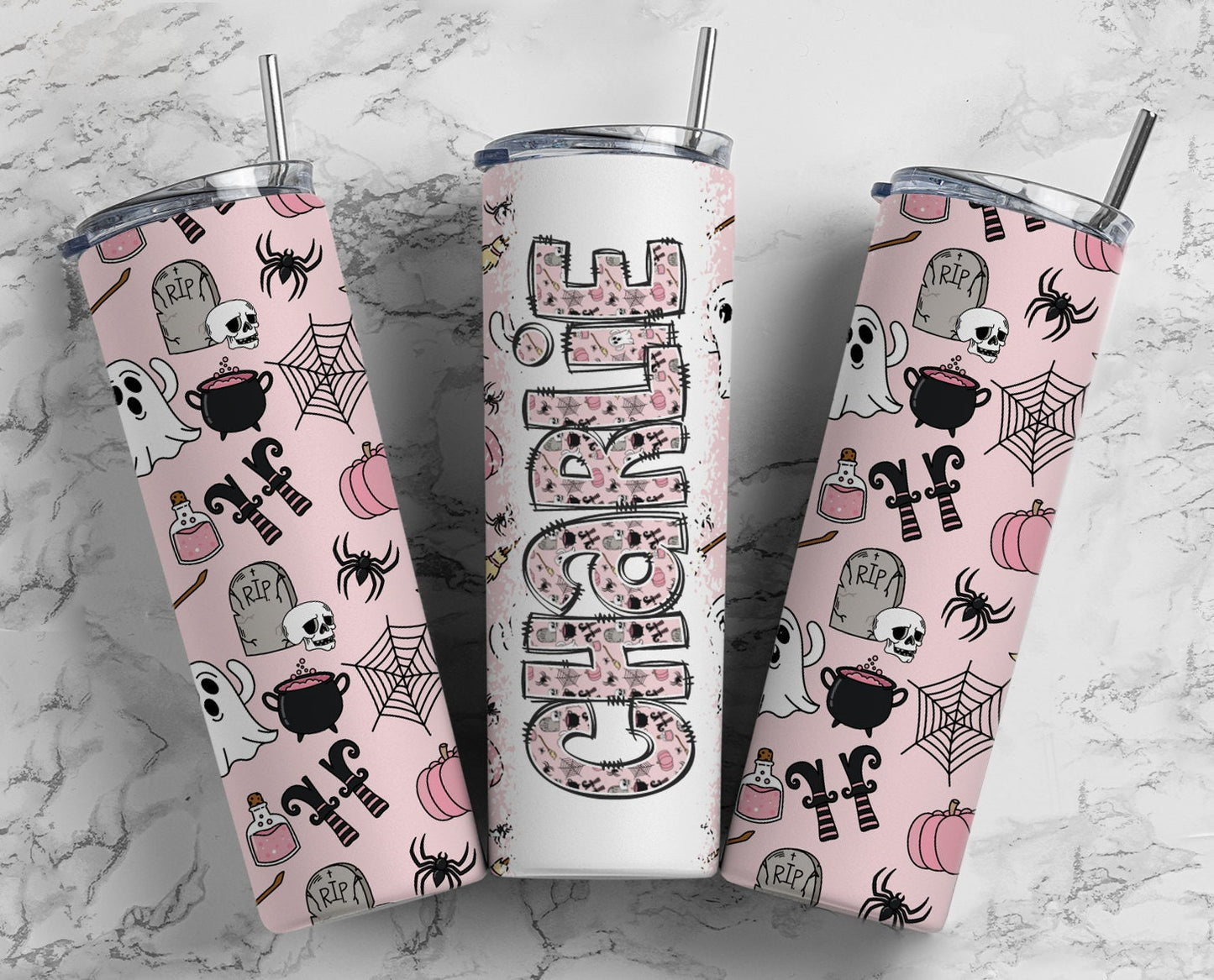 Halloween Doodle Letters with Matching Tumbler, Girls Pink Spooky Doodle Alphabet PNG, 20 oz Tumbler, Retro Sublimation, Waterslide Designs