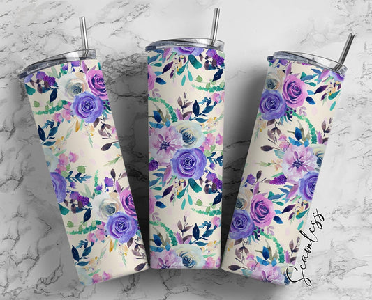 Purple Floral Pattern 20oz Tumbler Wrap, Seamless Skinny Tumbler, Sublimation Design PNG - 2047