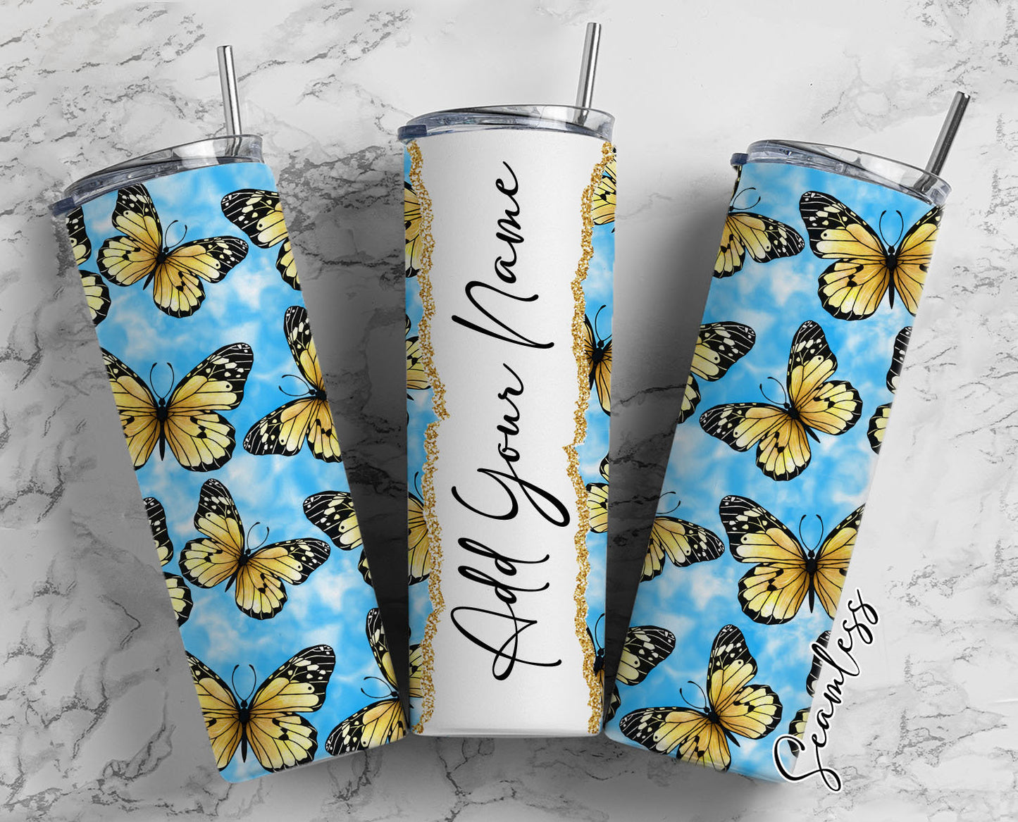 Yellow Butterflies Add Your Own Name, 20oz Sublimation Tumbler Designs, Skinny Tumbler Wraps Template - 43 PATTERN