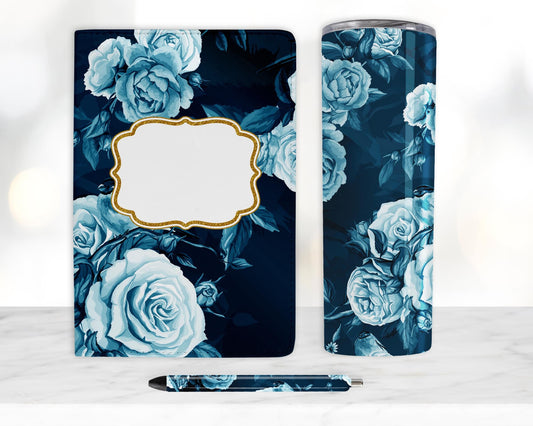 Blue Floral Sublimation Bundle, Journal Template, 20oz Tumbler Design, Pen Wrap Water Slide Epoxy Waterslide Pen Wrap PNG