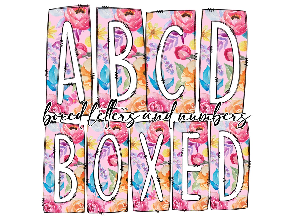 Pink Watercolor Floral Box Doodle Letters, Western Hand Drawn Doodle Alphabet Set, Sublimation Designs PNG - 1229