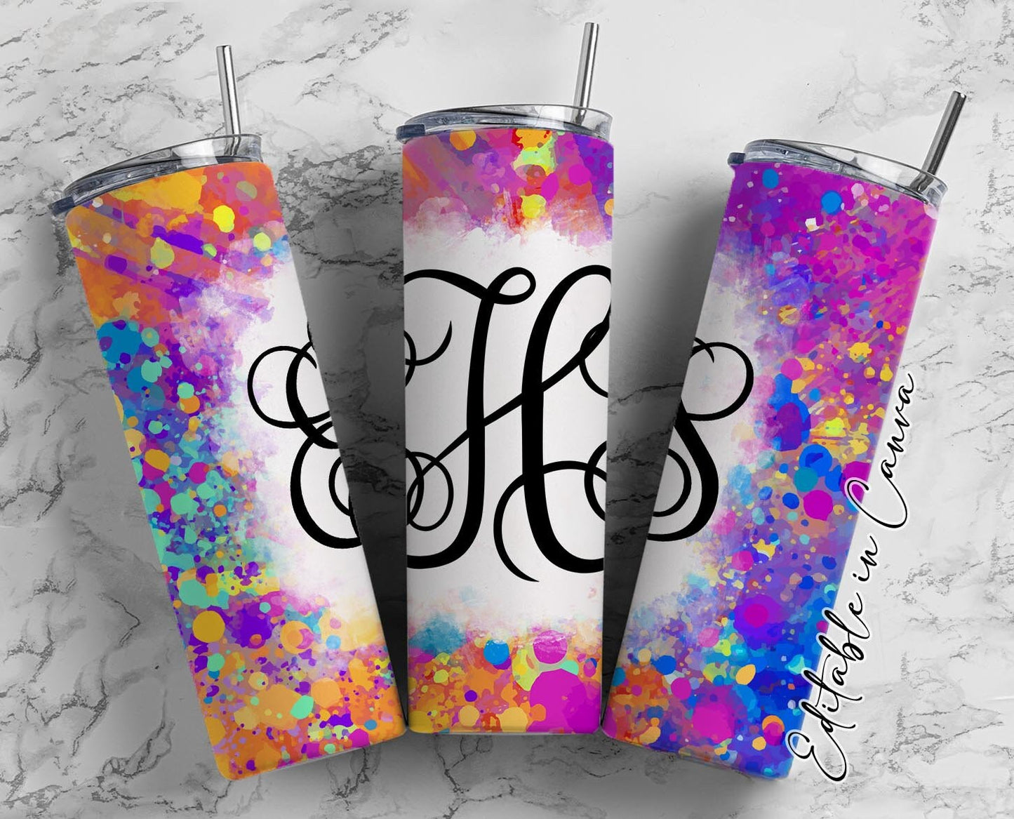 EDITABLE Rainbow Splatter Monogram 20oz Straight Tumbler Wrap Designs, Make Your Own Custom Peronalized Design, Easy Canva Tempalte