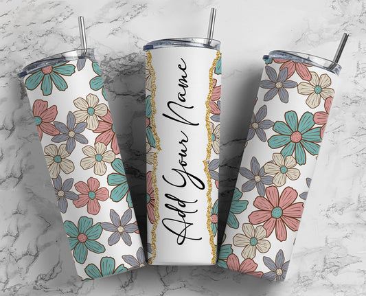 Retro Flowers Add Your Own Text Name Monogram Sublimation Tumbler Designs Wrap - 20oz Skinny Tumbler Wraps Templates - PNG 57 PATTERN