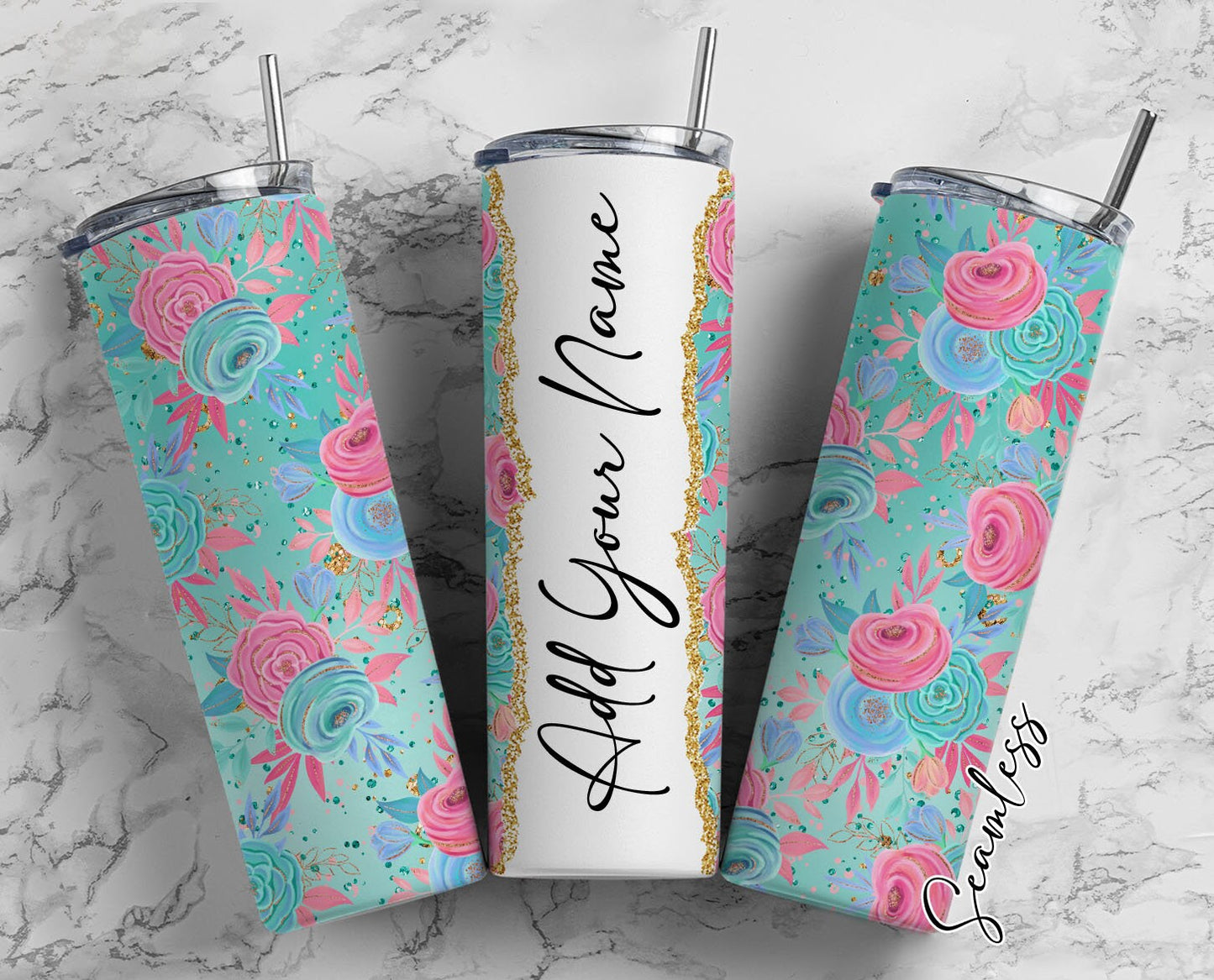 Watercolor Florals, Flower Pattern, Flower Design Add Your Own Name, 20oz Sublimation Tumbler Designs, Skinny Tumbler Wraps Template - 1436