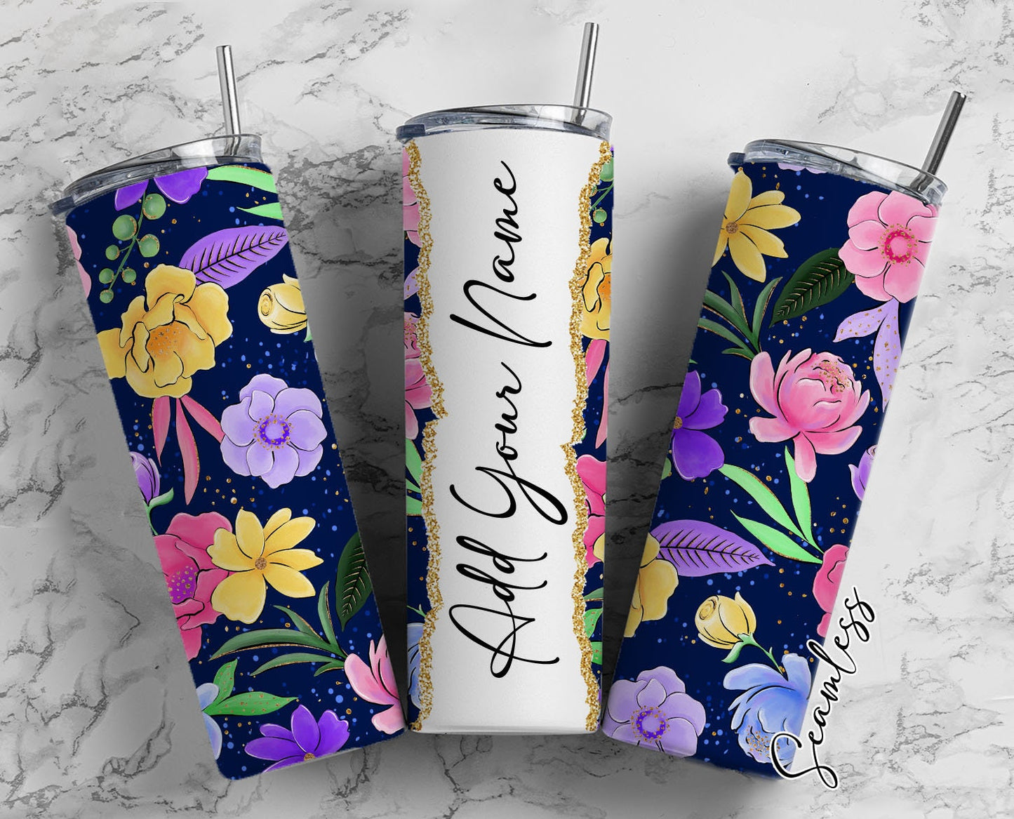 Flowers, Botanical Flowers, Floral Design Add Your Own Name, 20oz Sublimation Tumbler Designs, Skinny Tumbler Wraps Template - 1974