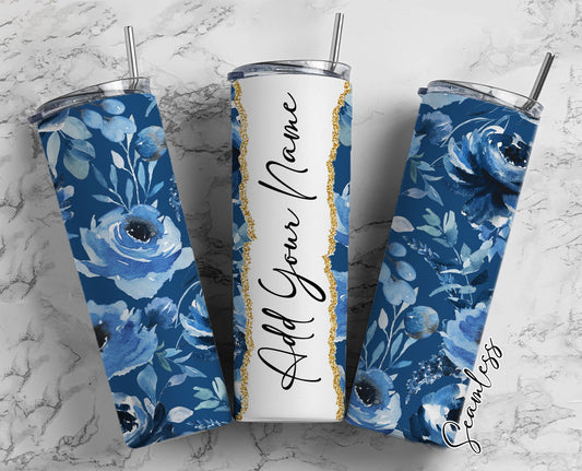 Midnight blue Background, Blue Roses, Blue Floral Add Your Own Name, 20oz Sublimation Tumbler Designs, Skinny Tumbler Wraps Template - 1892