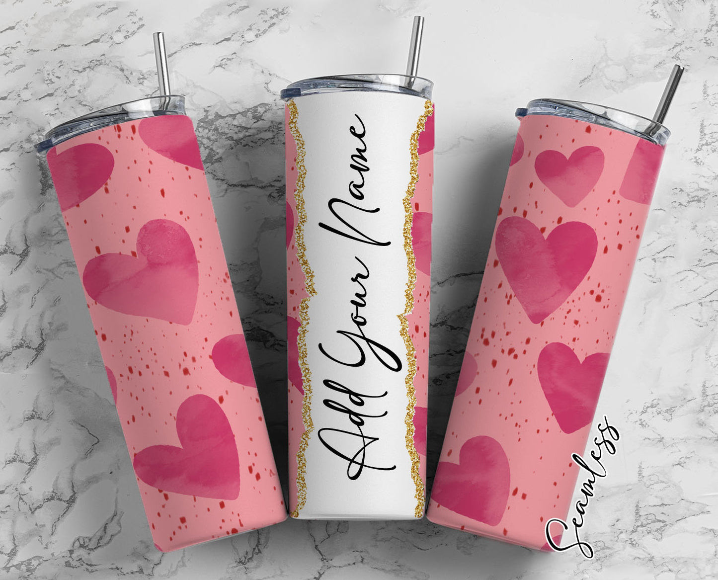 Watercolor Pink Hearts Add Your Own Name, 20oz Sublimation Tumbler Designs, Skinny Tumbler Wraps Template - 635 PATTERN