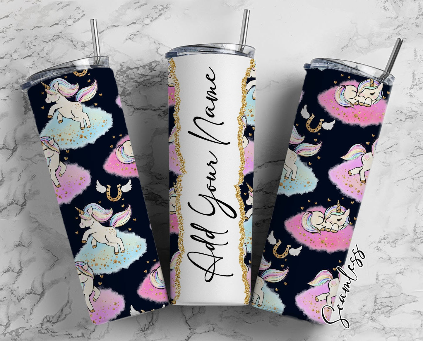 Cute Unicorn On Black Background, Unicorn Add Your Own Name, 20oz Sublimation Tumbler Designs, Skinny Tumbler Wraps Template - 2019