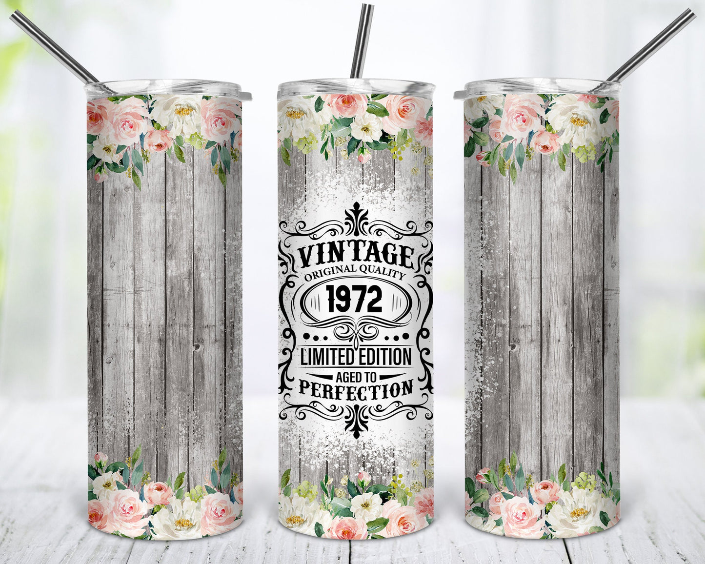 50th Birthday 1972 Wood Floral Background Vintage Sublimation Seamless Design Tumbler - 20oz Skinny Straight Tumbler Wraps Template - PNG