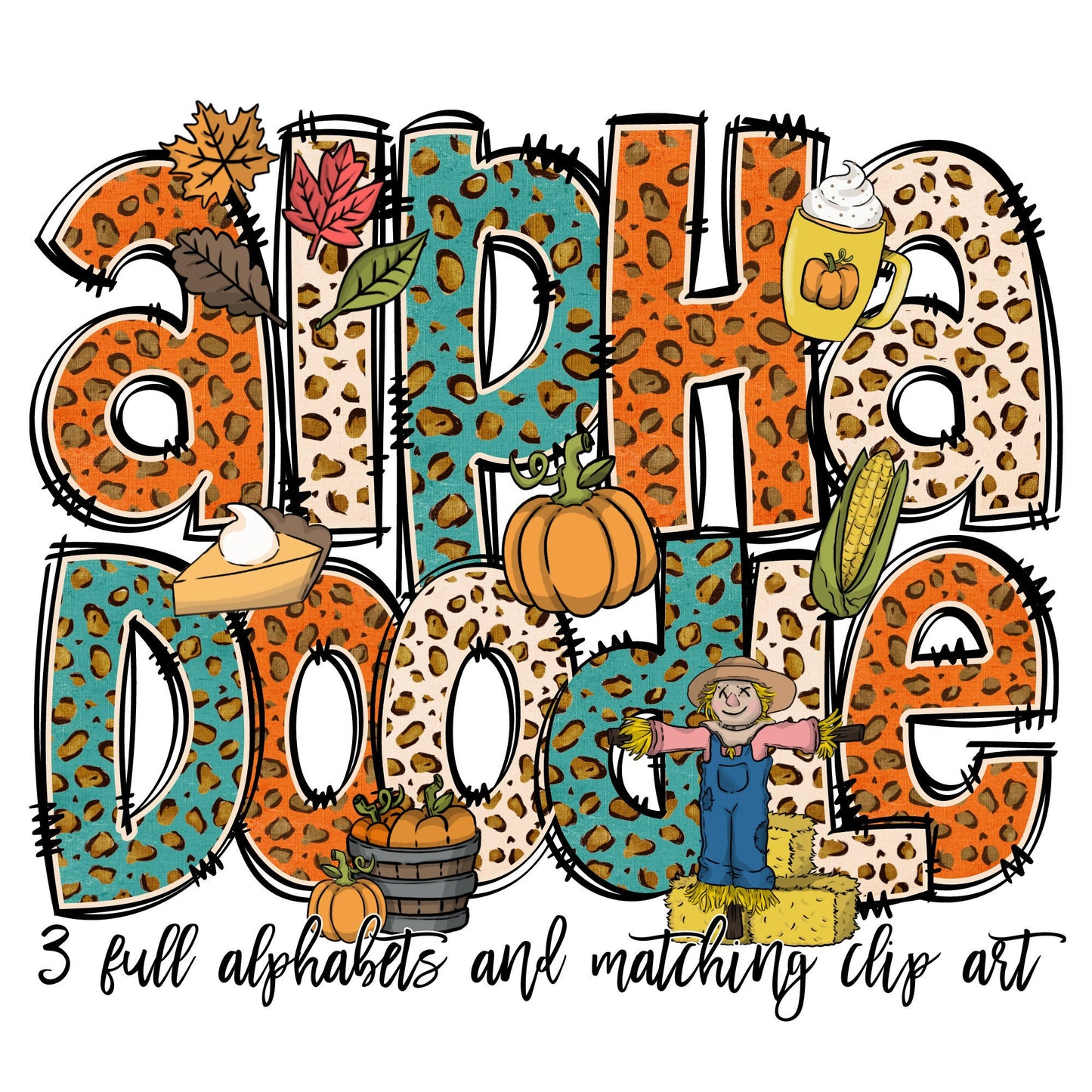 Fall Doodle letters with Clip Art, Hand Drawn Doodle Alpha Bundle, LEOPARD Leaves Pumpkin Spice Latte Sublimation Font, Numbers Alphabet PNG