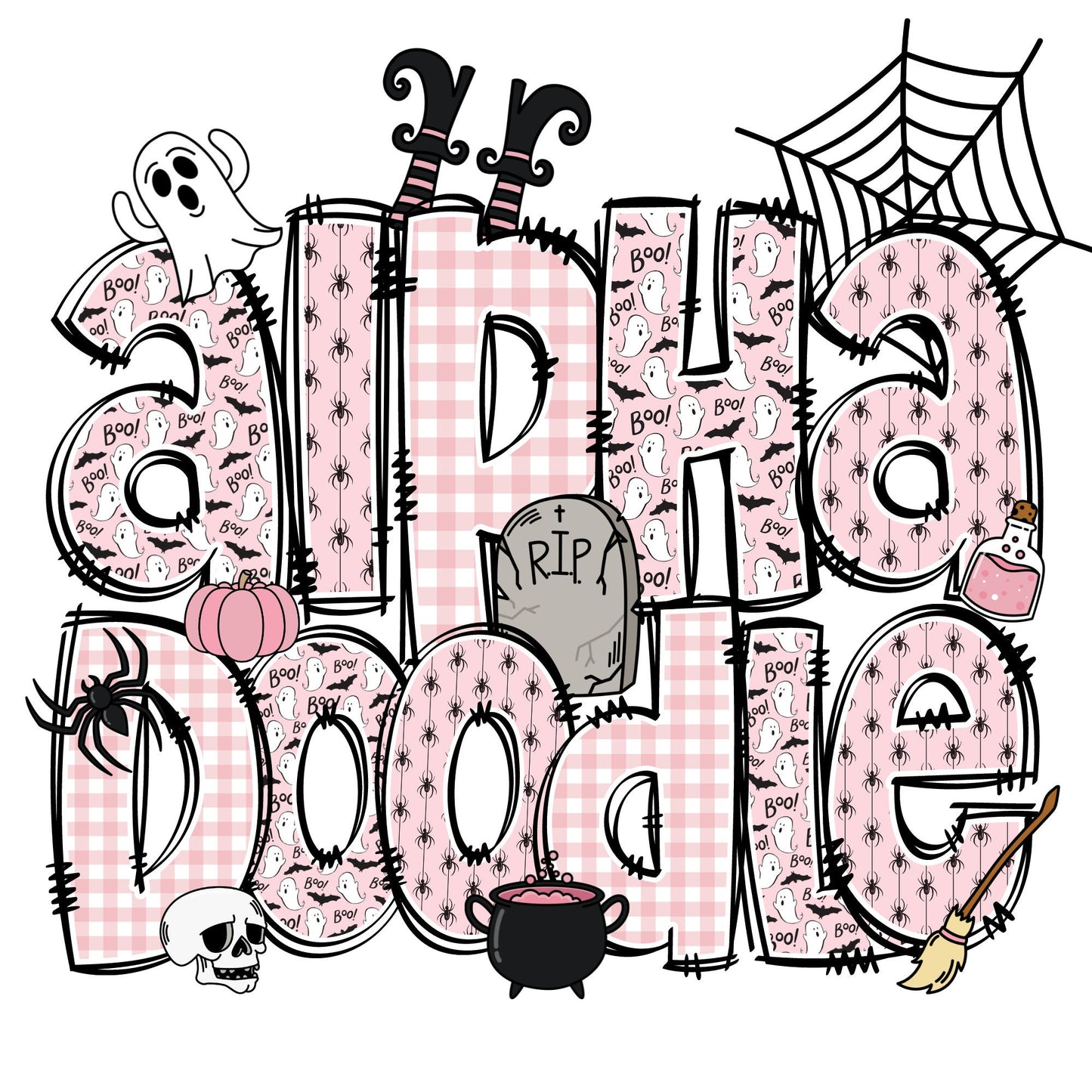 Pink Halloween Doodle Letters with Matching Clip Art, Little Girls Halloween Shirts, Make your Own name Halloween Sublimation Designs PNG