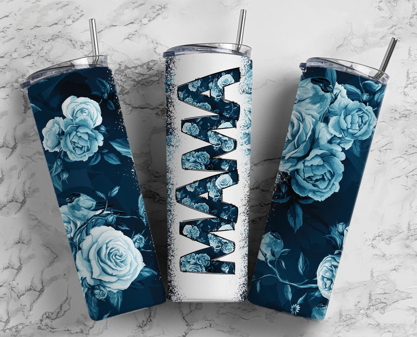Blue Flower Mama Seamless 20oz Sublimation Tumbler, Mothers Day