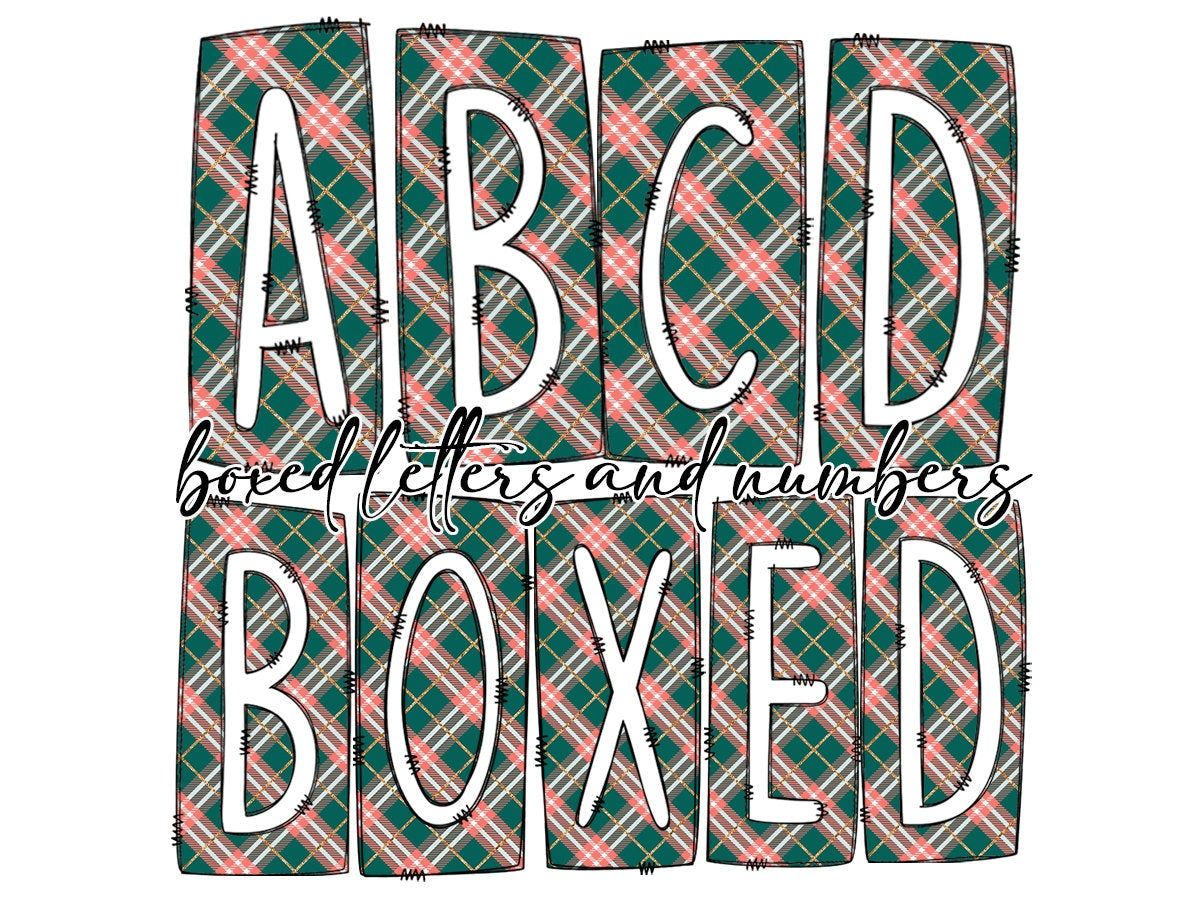 Pink Green Plaid Box Doodle Letters, Western Hand Drawn Doodle Alphabet Set, Sublimation Designs PNG - 1