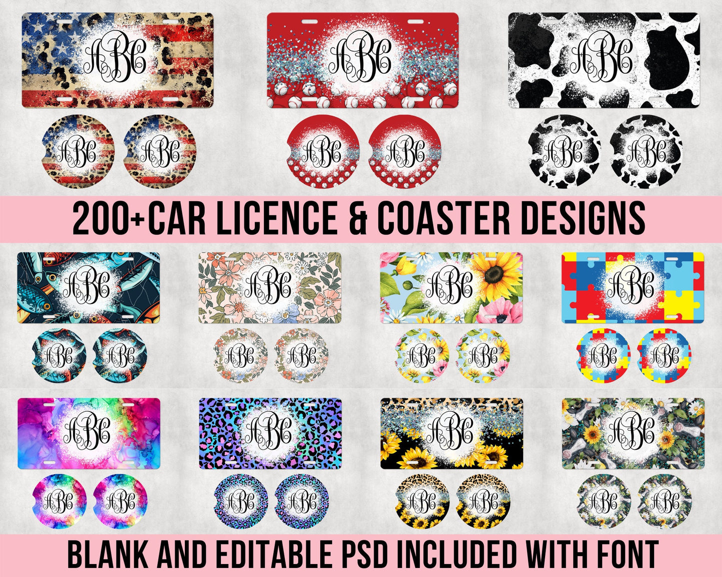 200+ Licence Plate & Car Coaster Bundle with Editable PSD Monograms, Car Sublimation, Dropbox Drive, Sublimation Designs, Car Coasters PNG