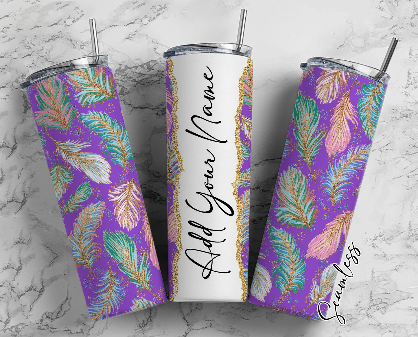 Feathers Pattern, Feather Design, Feather Add Your Own Name, 20oz Sublimation Tumbler Designs, Skinny Tumbler Wraps Template - 161