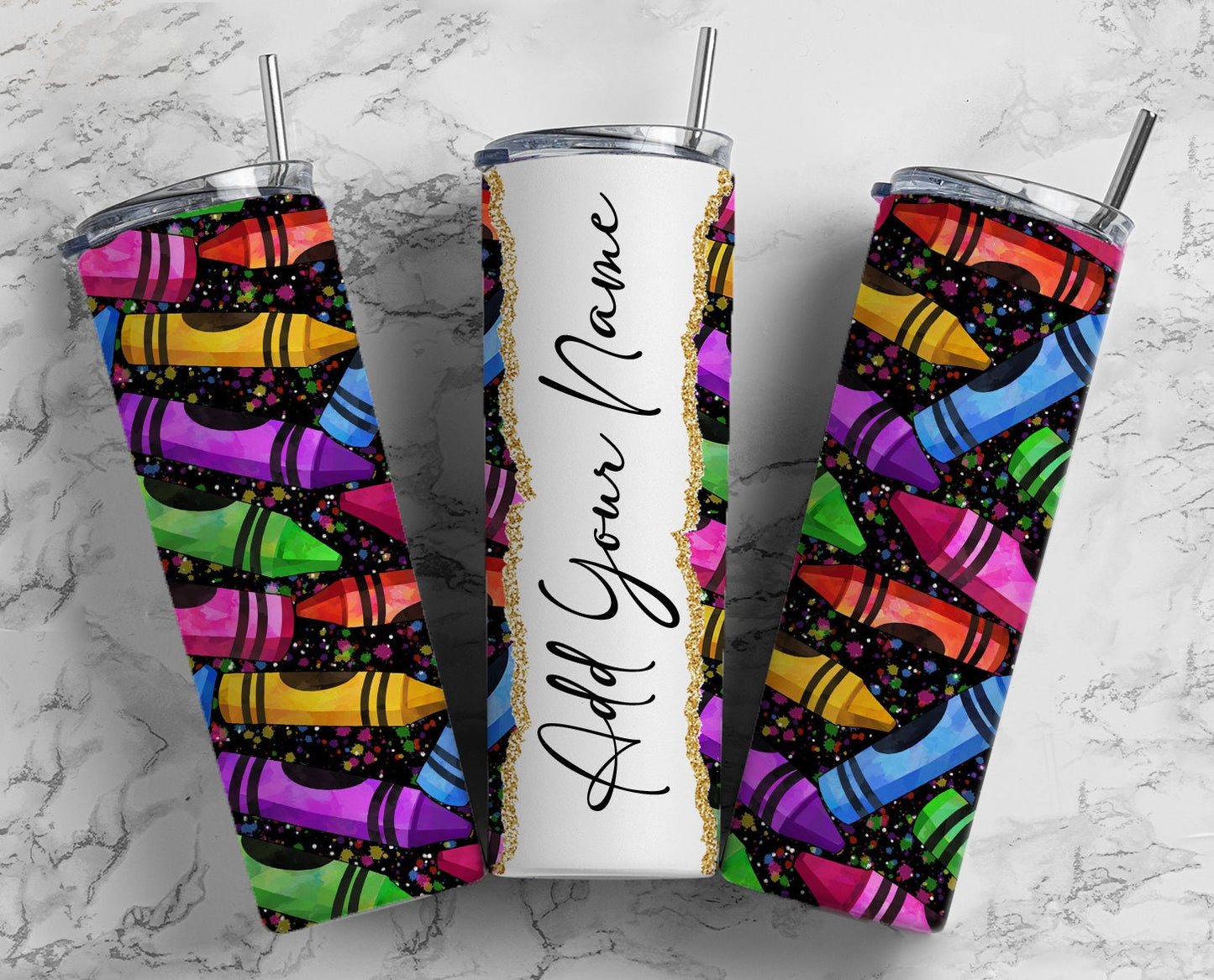 Teacher Crayon Add Your Own Text Name Monogram Sublimation Tumbler Designs Floral - 20oz Skinny Tumbler Wraps Templates - PNG 91 PATTERN